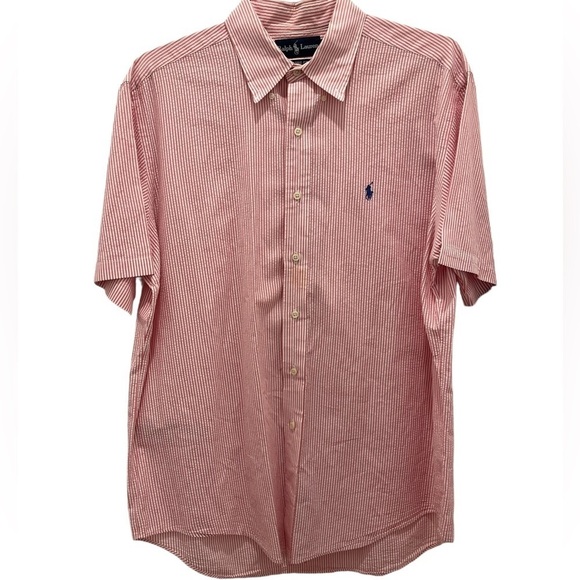 Ralph Lauren Mens Classic Fit pink and White Striped Button Down Shirt Size L - Picture 1 of 8